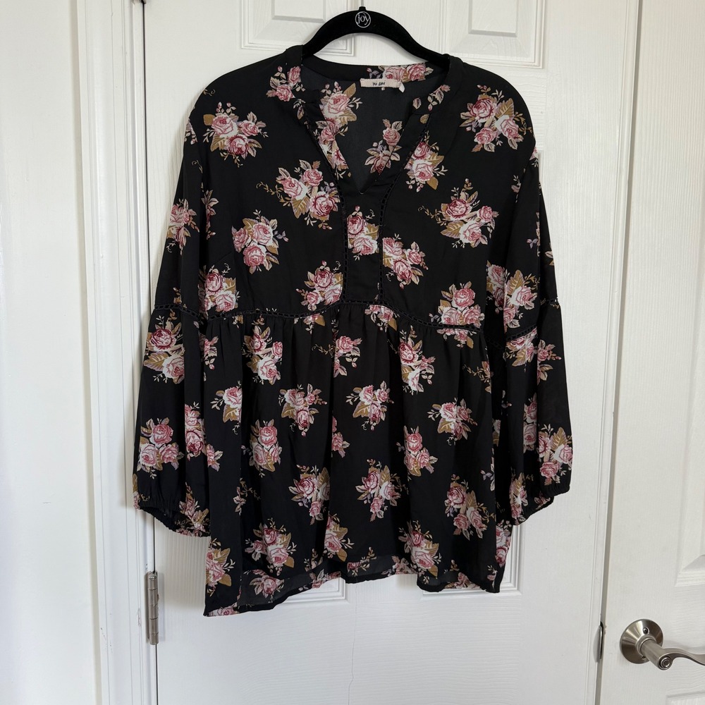 Mi Ami Black Pink Rose Floral VNeck Babydoll Blouse XL Crochet Lace Trim Top EUC